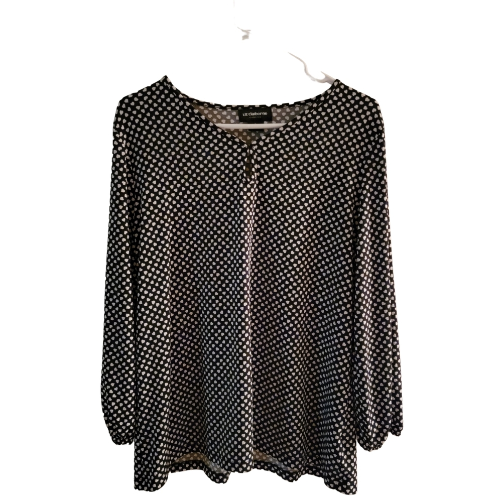 Liz Claiborne Career Polyester Spandex Black & White Heart Blouse